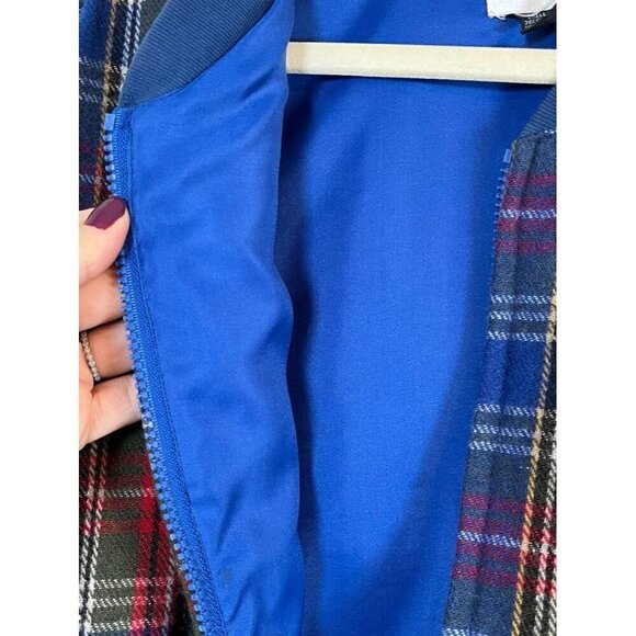 Vintage Wool Plaid Jacket M Blue Checks Retro Academia Resort Classic Bomber 80s - Picture 9 of 15